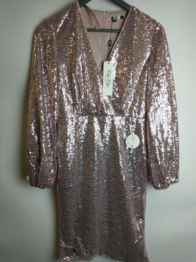 Chi Chi London Long Sleeve Plunge Sequin Midi Dress Pink Size 8 **** V155