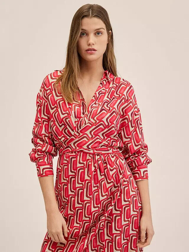 Mango Chain Print Cross Waist Shirt Dress Red/Multi Size UK 12
