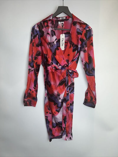 Chi Chi Lonf Sleeve Abstract Print Wrap Shirt Dress - Multi UK 8 **** Ref V98