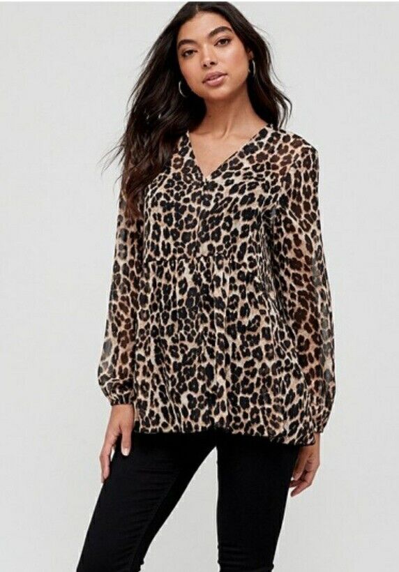 Button Detail Drop Hem Blouse Animal Print Uk16****Ref V433