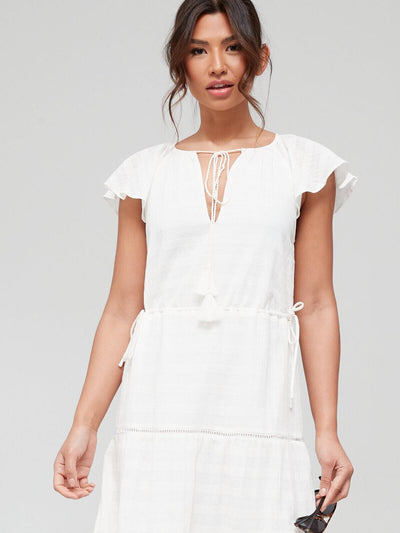 Textured Fabric Angel Sleeve Midi Beach Dress - Off White. UK 10 **** Ref V511