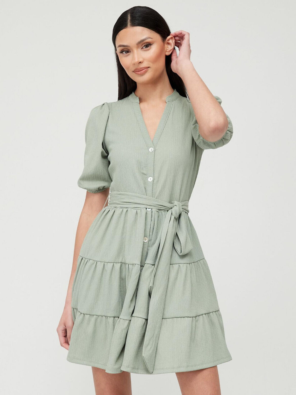 Tiered Button Up Mini Dress - Sage Green. UK 18. SW21