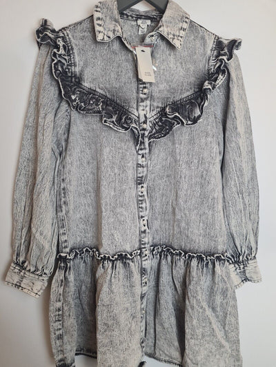 River Island Grey Ruffled Shirt Dress Size 6 **** V147