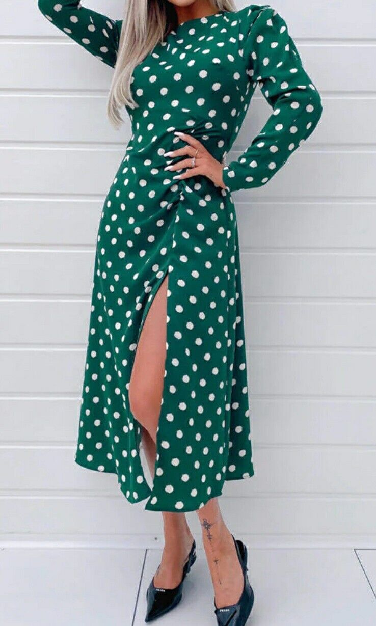 AX Paris Green Print Ruched Skirt Detail Midi Dress  Size 6.