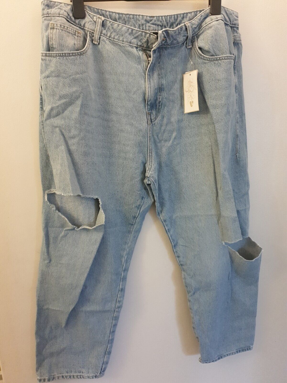 Mom High Waist Jeans With Side Rips Light Wash Uk20****Ref V540