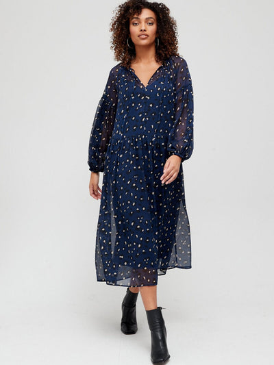 Georgette Yuryu Printed Midi Dress - Navy. UK 18. V208