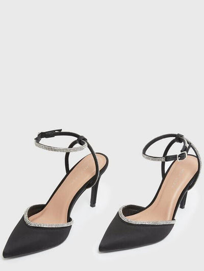 New Look Black Satin Diamanté Trim 2 Part Stiletto Heel Sandals Size 6 **** VS3