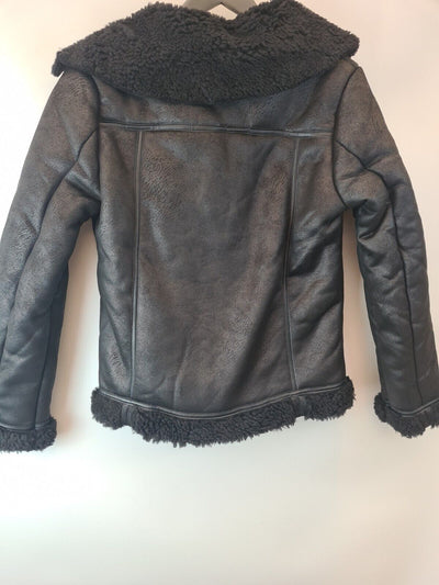 Michelle Keegan Longline Faux Shearling Black Biker Jacket Size UK 8 **** V24