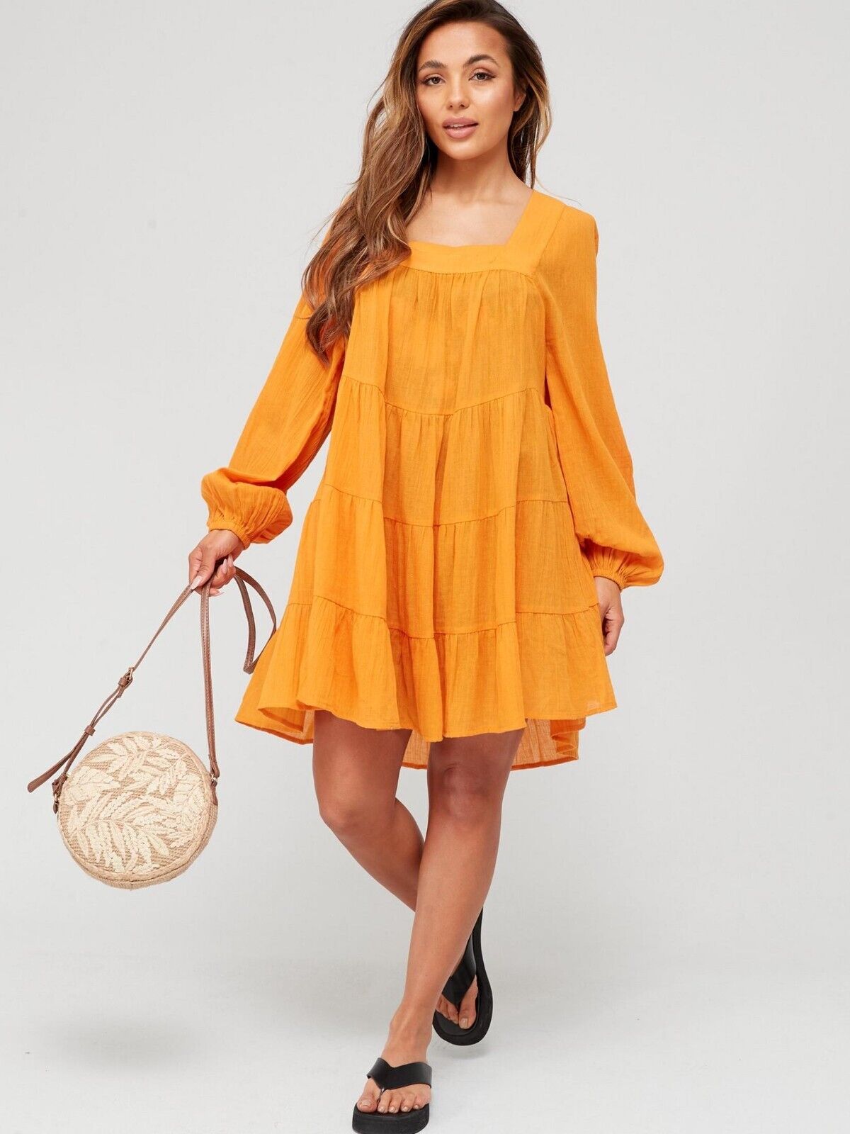 Womens Long Sleeve Square Neck Tiered Beach Mini Dress - Orange.UK 8****Ref V514