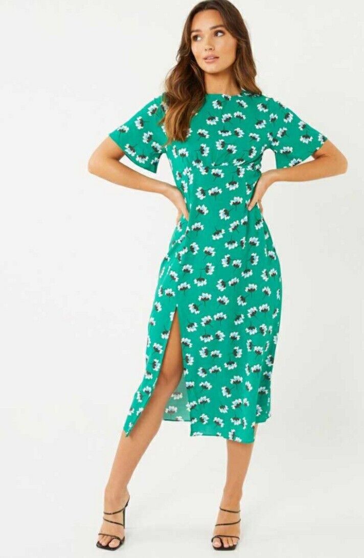 Quiz Green Floral Midi Slit Dress Green Uk16****Ref V555