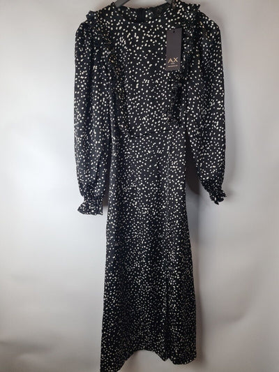 Ax Paris Black Dotted Frill Detail Midi Dress Size UK 6 **** V31