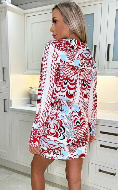 Ax Paris Red And Blue Abstract Wrap Shirt Dress Uk10****Ref V440