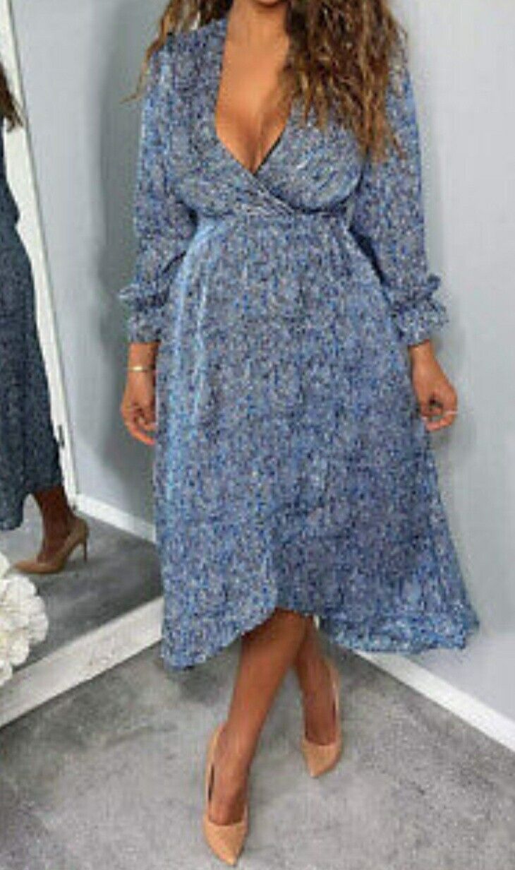 AX Paris Blue Printed Long Sleeve Wrap Midi Dress UK 6 **** V270