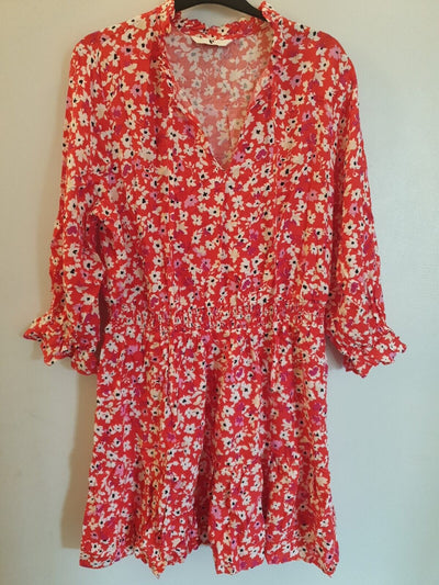 Red Floral Print Dress Uk 14 ****Ref V544