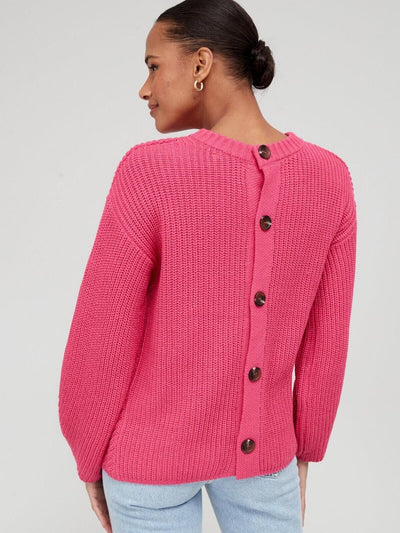 Womens Knitted Button Back Ribbed Jumper - Bright Pink. UK 16 **** Ref V486