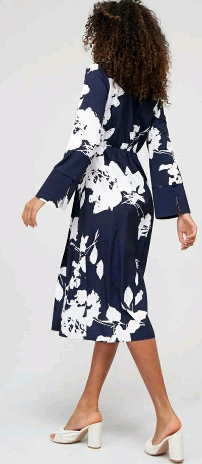 Fig & Basil Kimono Sleeve Midi Dress Navy Print Uk22****Ref V505