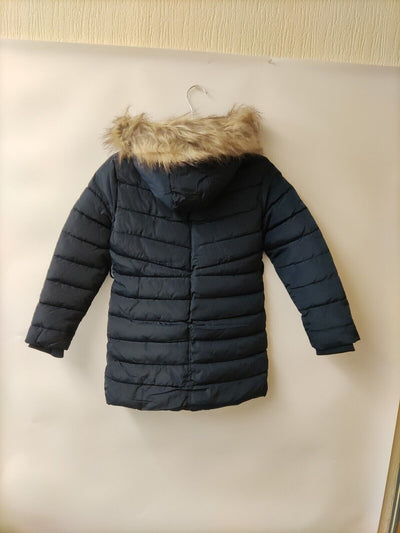 Girls Faux Fur Hooded Half Faux Fur Lined Coat. Navy. 10 Years Old.