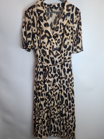 Womens Animal Print Pleated Wrap Collared Dress Size 14 **** V352