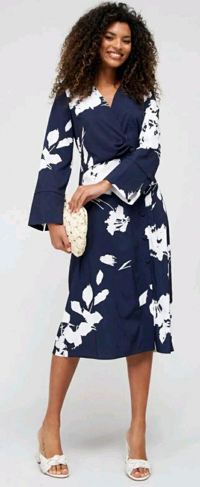 Fig & Basil Kimono Sleeve Midi Dress Navy Print Uk22****Ref V505