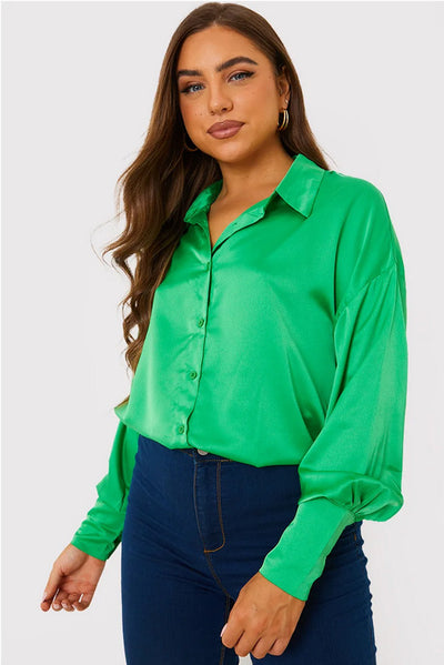 Charlotte Greedy Green Satin Balloon Sleeve Shirt Size 16 **** V495