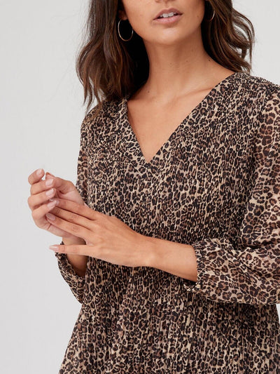 Womens Pleated V Neck Blouse - Animal Print ****V385