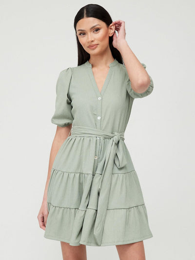 Tiered Button Up Mini Dress - Sage Green. UK 14. V436