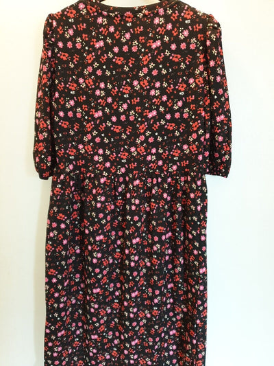 Black Floral Print Dress Midi Uk12****Ref V411