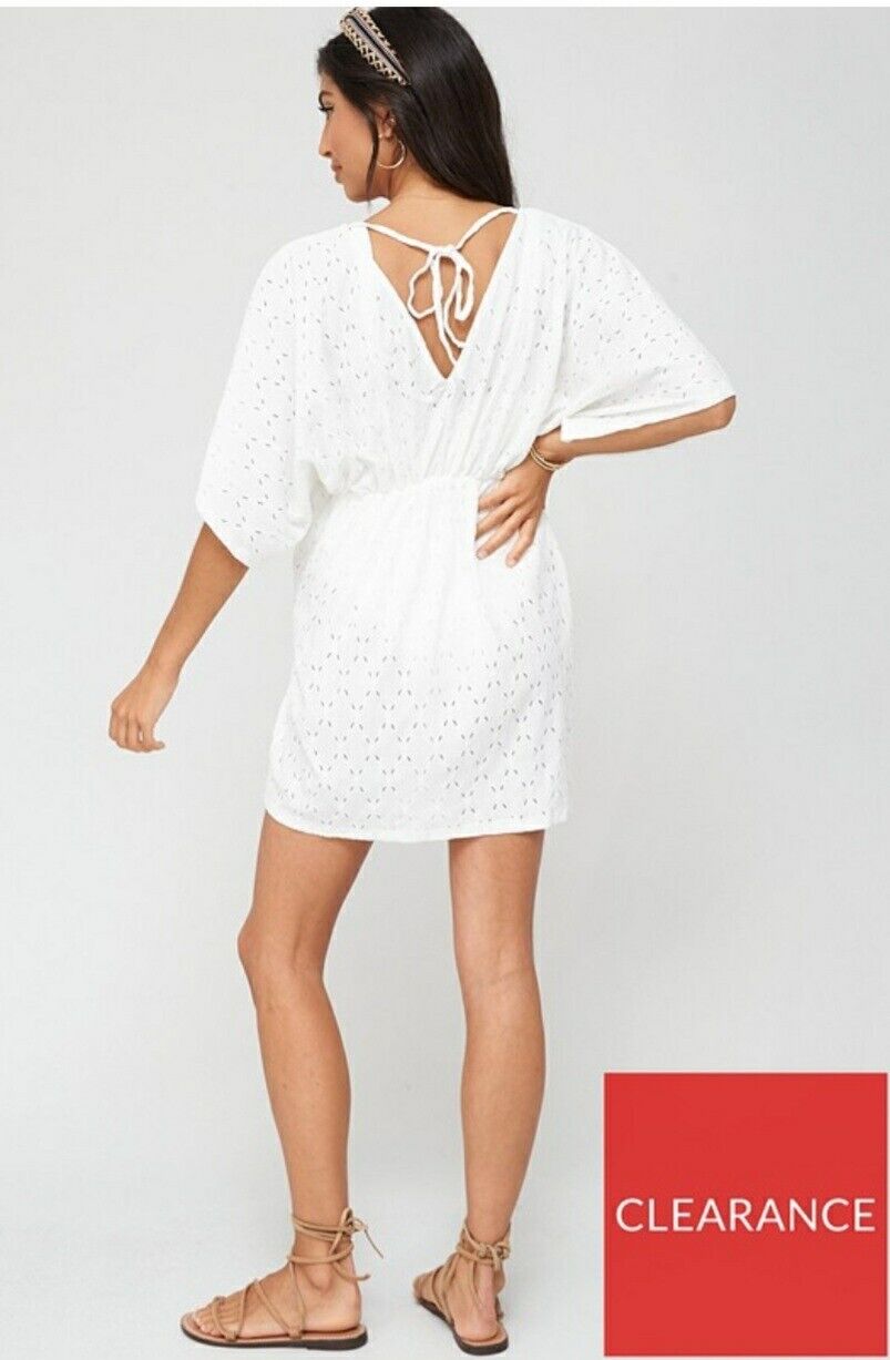 Twist Waist Tie Back Broderie Beach Tunic White Dress Uk16****Ref V438