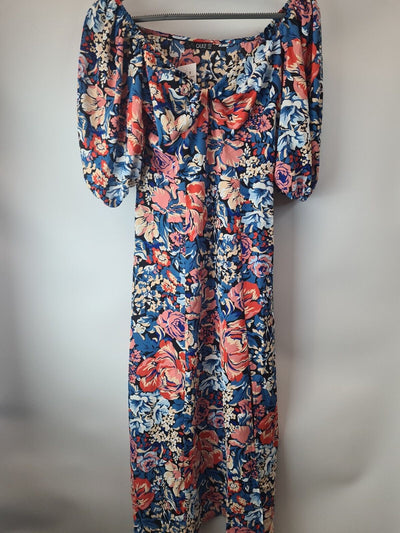 Quiz Floral Print Midi Dress With Slit Blue/Coral Size UK 8 **** V31