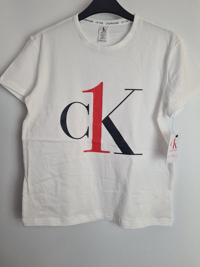 Calvin Klein Womens White Crewneck Short Sleeved Logo T-Shirt Size XS **** V294
