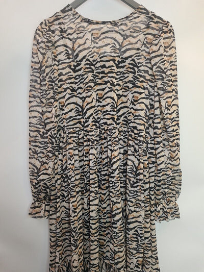 River Island Beige Animal Print Tiered Midi Dress Size 10 **** V36