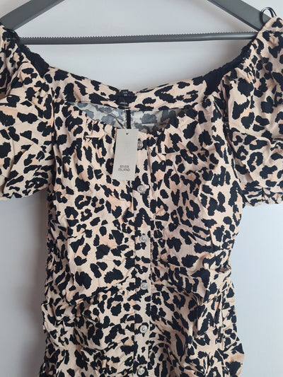 River Island Brown Animal Print Ruched Mini Dress Size 10 **** V310