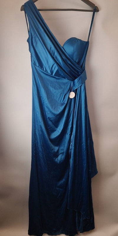 Chi Chi London One Shoulder Satin Maxi Teal Dress Size 12 **** V289