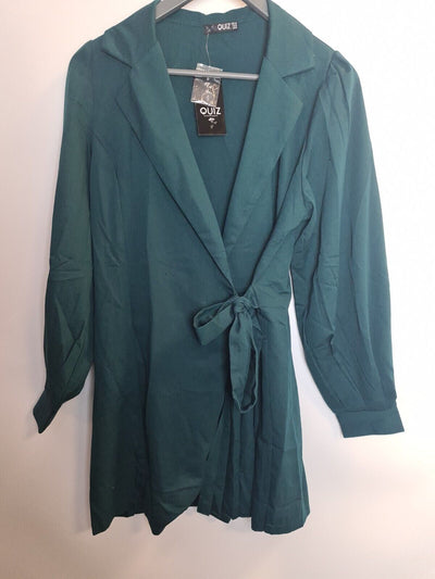 Quiz Woven Half Pleat Tie Front Puff Sleeve Green Blazer Dress Size 16 **** V267