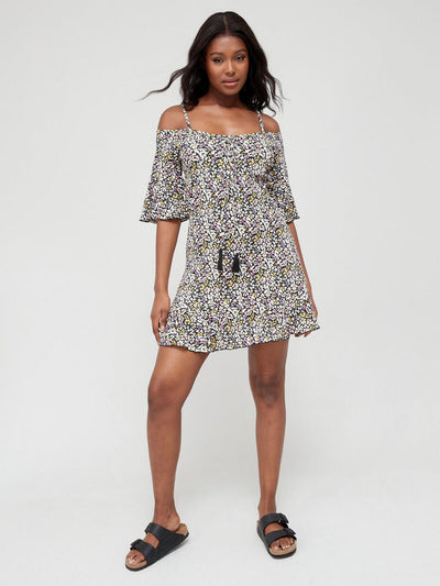 Cold Shoulder Mini Beach Dress - Floral Print. UK 14. V73