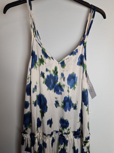 Topshop Satin Ivory And Blue Floral Midi Dress Size 10 **** VH6