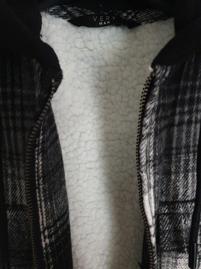 Check Hooded Borg Lined Over Shirt Full Zip- Black. UkM