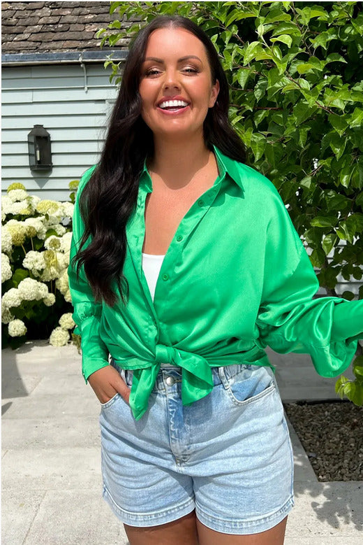 Charlotte Greedy Green Satin Balloon Sleeve Shirt Size 16 **** V495