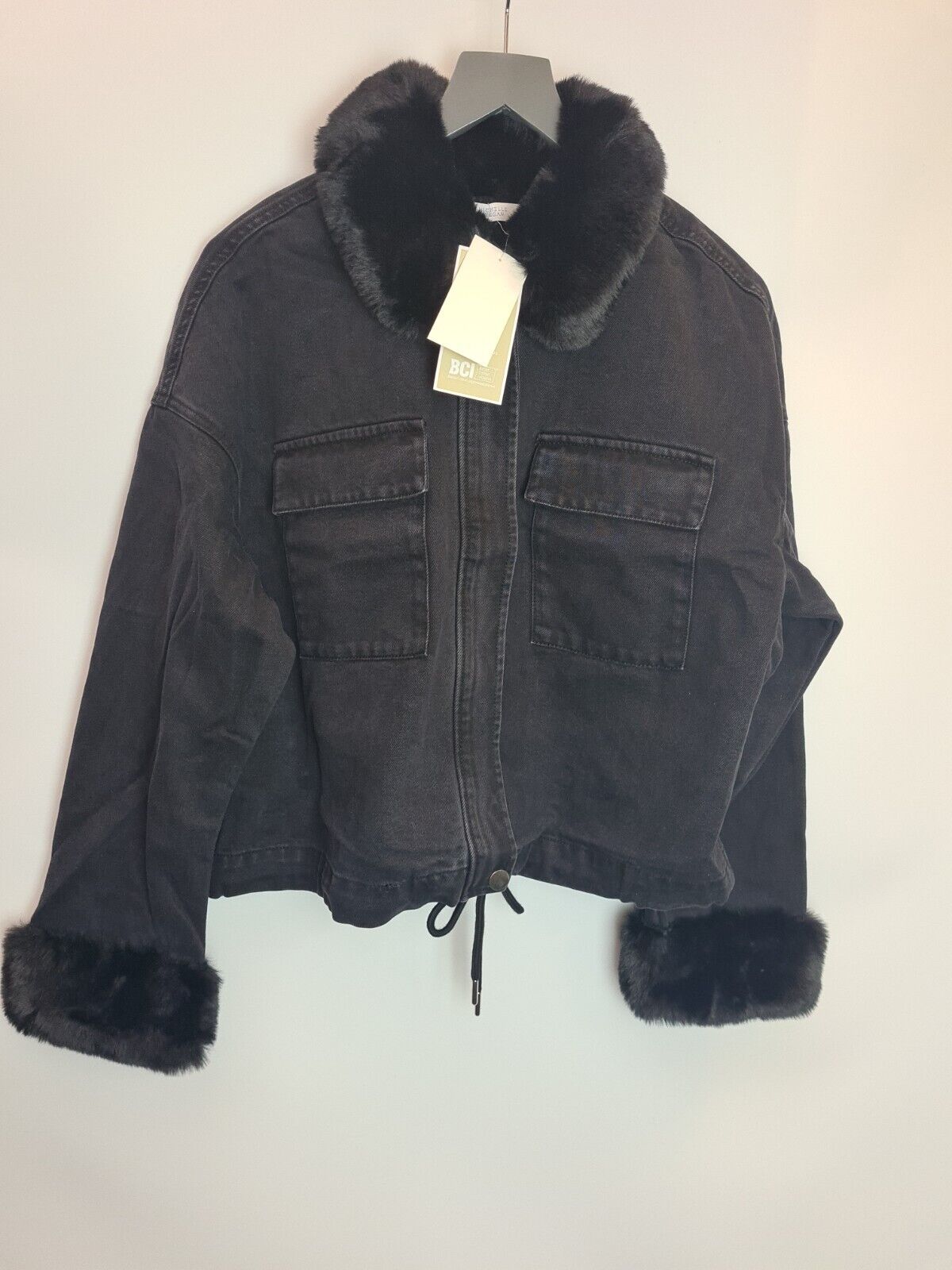 Michelle Keegan Black Faux Fur Trim Denim Jacket Size 14 **** V128