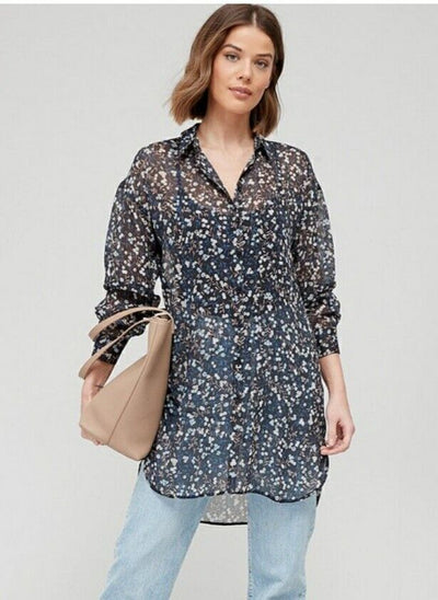 Sheer Floral Print Shirt Navy Floral UK 12 ****Ref V507