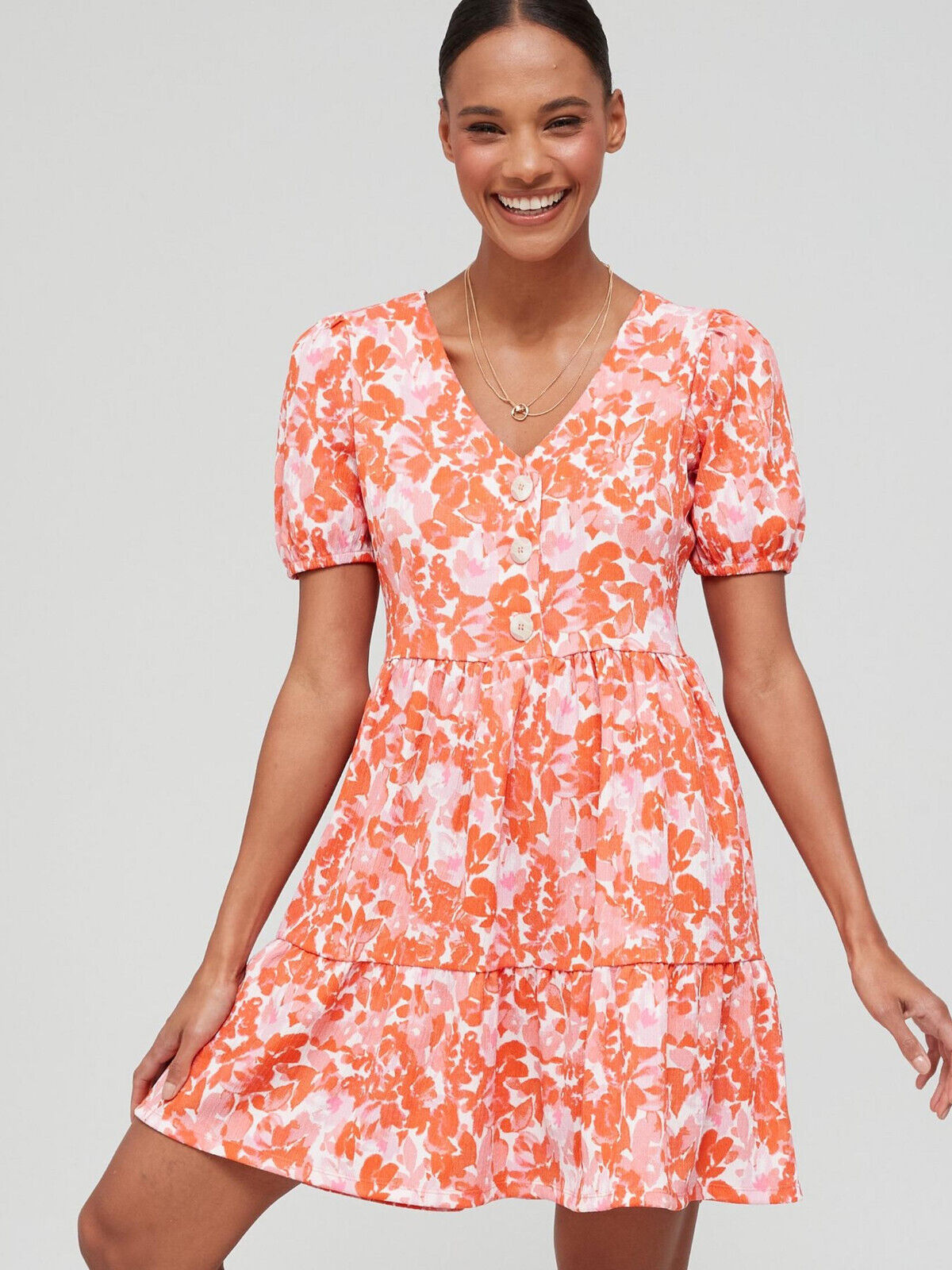 Womens Button Tiered Crinkle Mini Dress – Peach Print. UK 14. ****V22