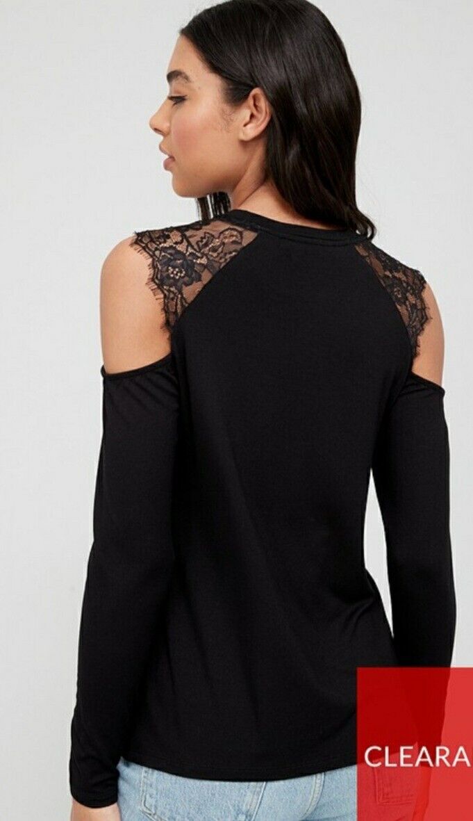 Lace Trim Cold Shoulder Top Black UK 12 ****Ref V510