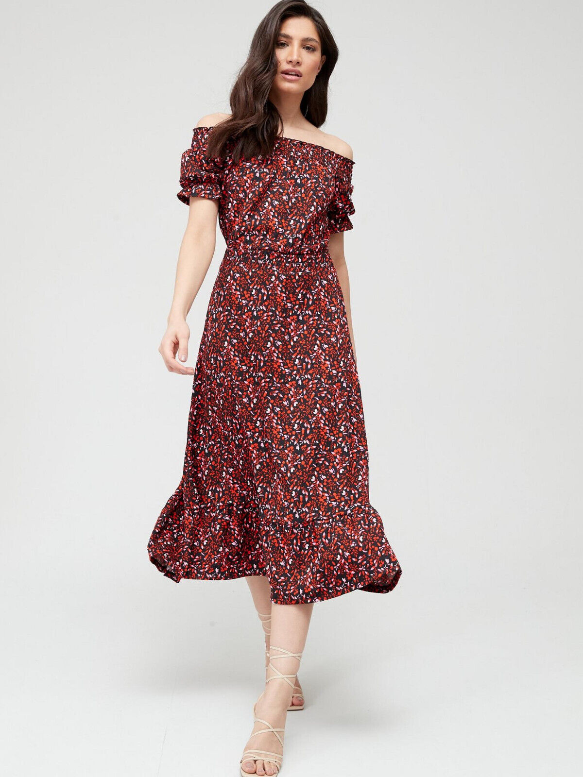 Floral Printed Shirred Waist Bardot Midi Dress. UK 14 ****V428