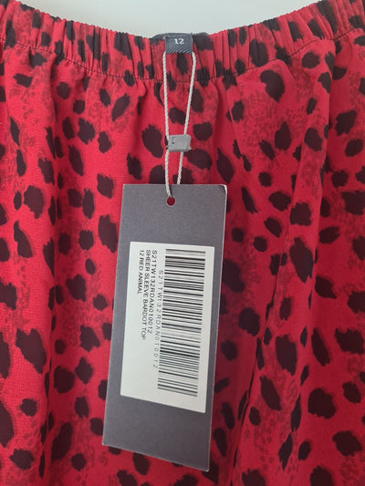 Sosandar Red Black Animal Print Sheer Sleeve Bardot Top Size UK 12 **** V30