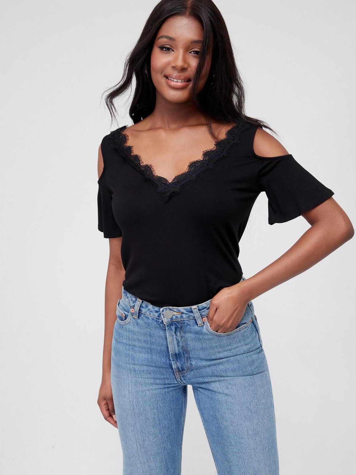 Lace Trim Angel Sleeve Cold Shoulder Top - Black. UK 12. V73