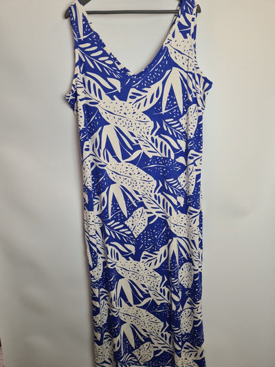Blue And White Leaf Design Sleeveless V Neck Dress Size 18 **** V283