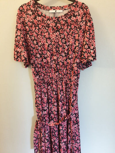 Black/Pink Floral Print Midi Dress UK 12 ****Ref V537