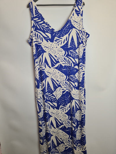 Blue And White Leaf Design Sleeveless V Neck Dress Size 18 **** V232