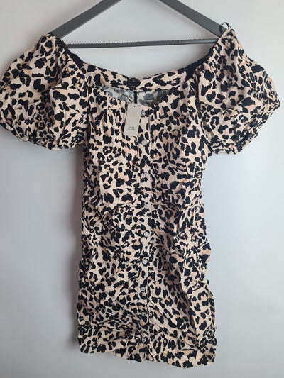 River Island Brown Animal Print Ruched Mini Dress Size 10 **** V310