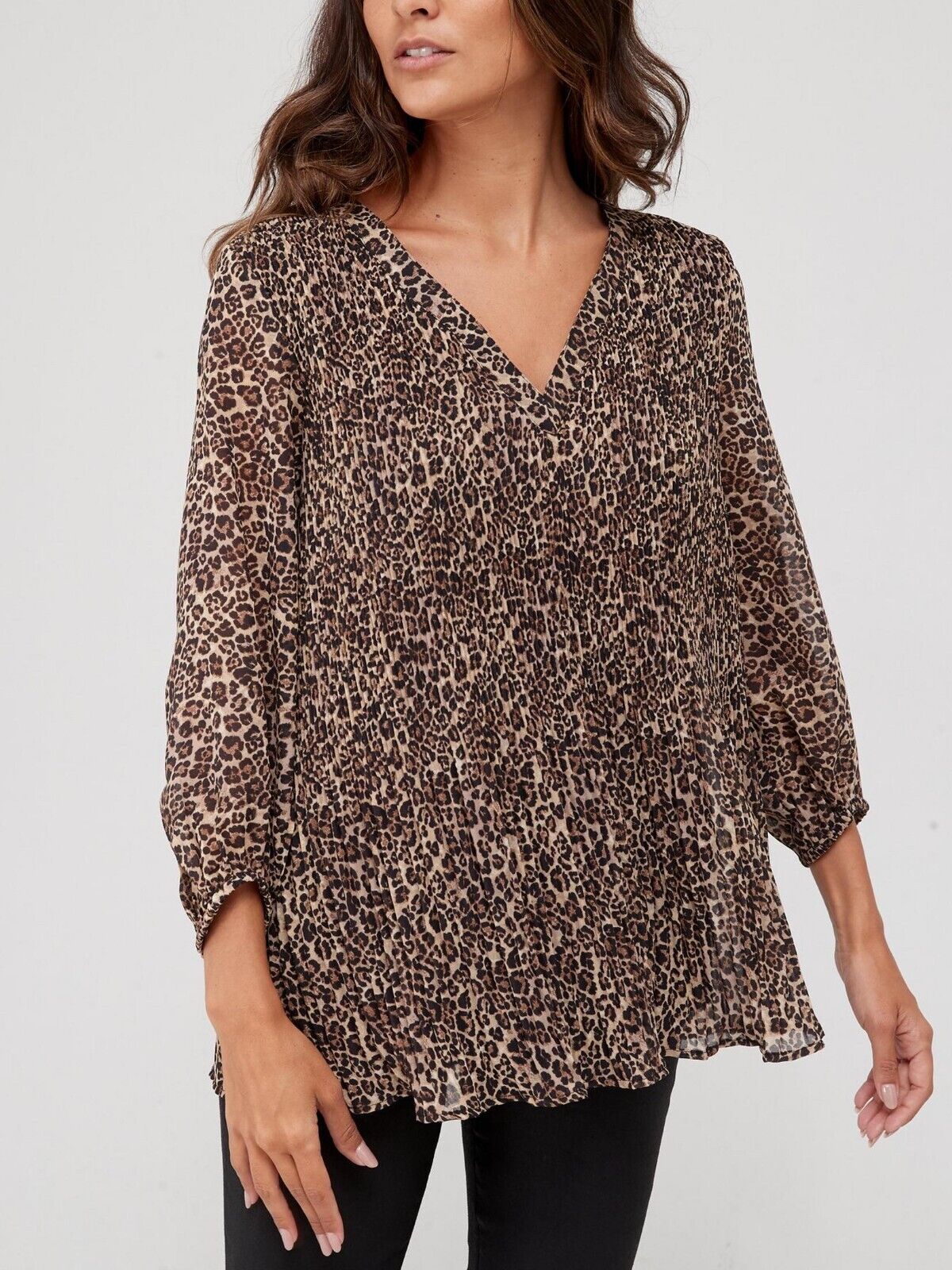 Womens Pleated V Neck Blouse - Animal Print ****V385